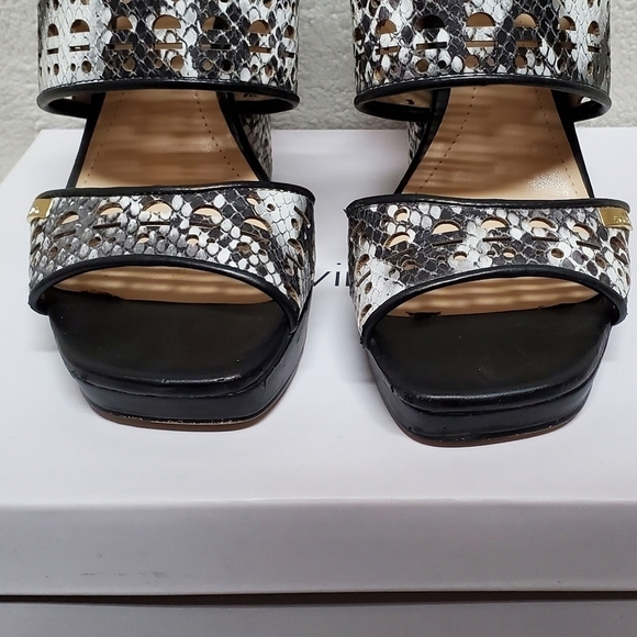 CALVIN Klein Vallin Black White Snakeskin Laser Strap Platform Block Heel Sandal - Picture 4 of 16